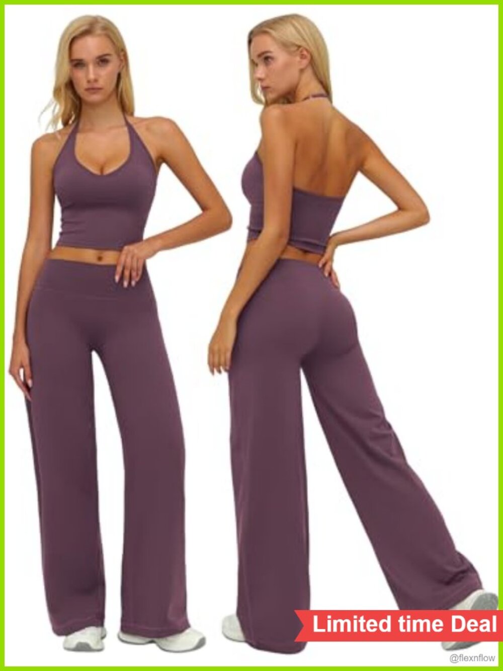 Two Piece Workout Set Halter Tank Top Wide Leg Yoga Pants Pilates Gym